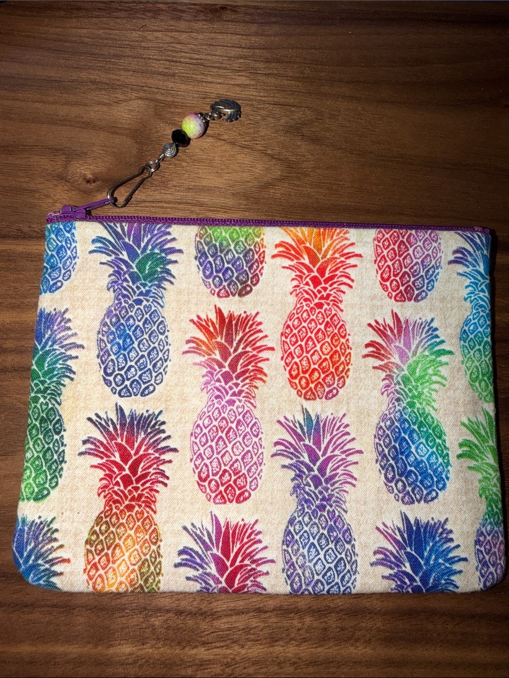 Hand Crafted Rainbow Pineapple Wristlet Pouch - Purple Zipper
